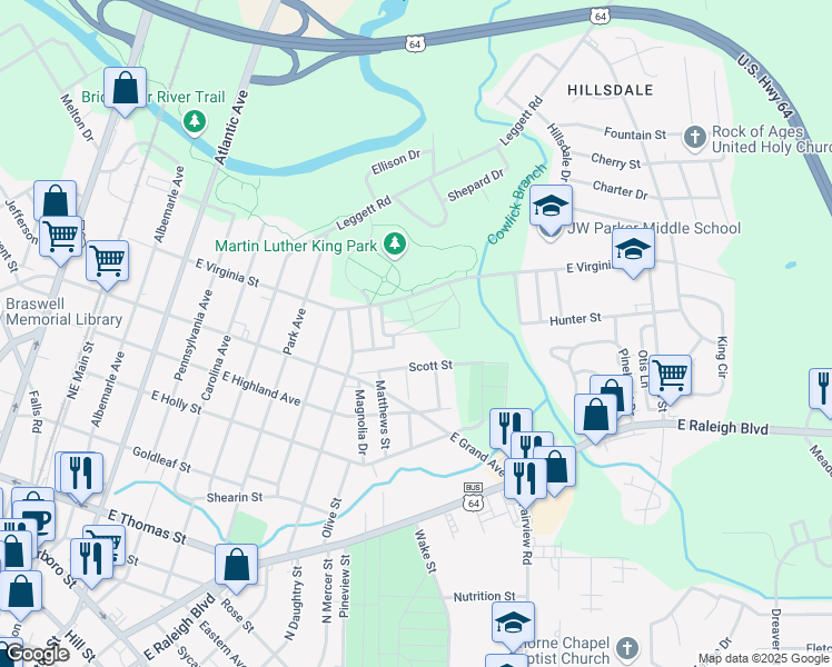 map of restaurants, bars, coffee shops, grocery stores, and more near Kalford Street in Rocky Mount
