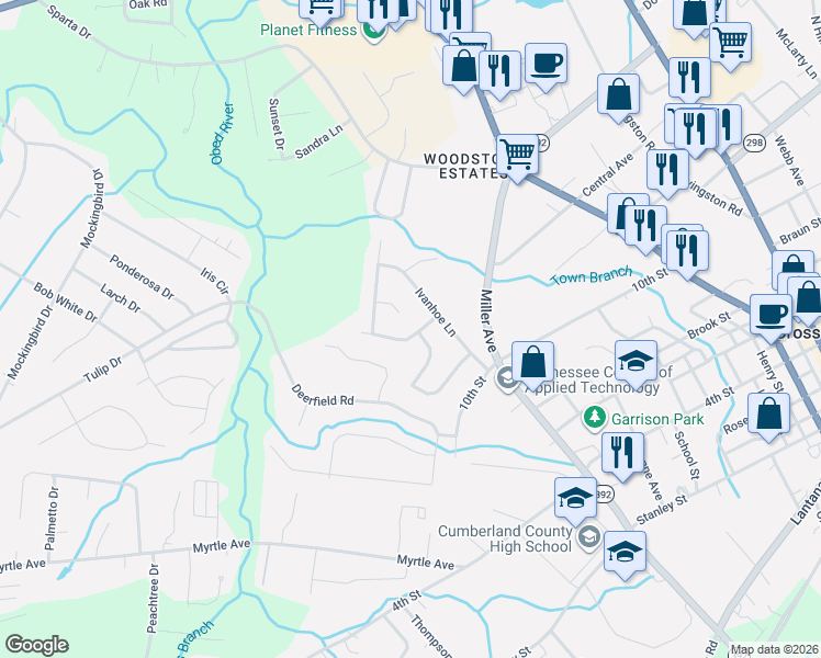 map of restaurants, bars, coffee shops, grocery stores, and more near 72 Guinevere Ln in Crossville