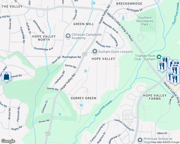 map of restaurants, bars, coffee shops, grocery stores, and more near 36 Birnham Lane in Durham