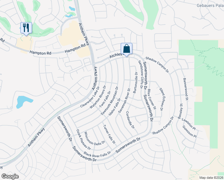 map of restaurants, bars, coffee shops, grocery stores, and more near 2132 Twin Falls Drive in Henderson