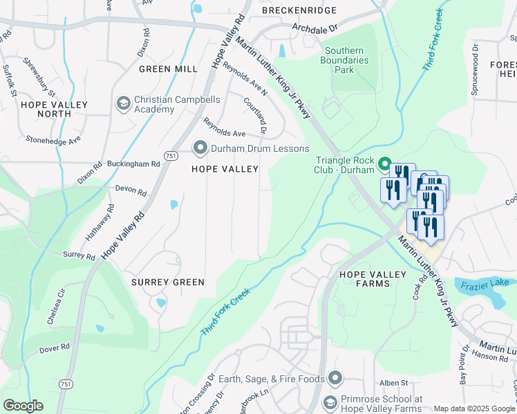 map of restaurants, bars, coffee shops, grocery stores, and more near 3522 Courtland Drive in Durham