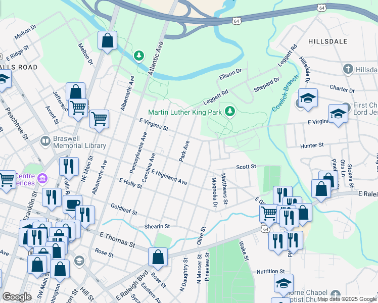 map of restaurants, bars, coffee shops, grocery stores, and more near 621 Park Avenue in Rocky Mount