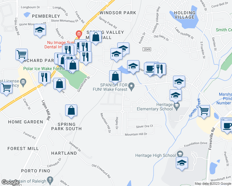 map of restaurants, bars, coffee shops, grocery stores, and more near 3134 Branch Ferry Court in Wake Forest
