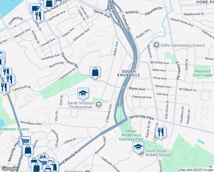 map of restaurants, bars, coffee shops, grocery stores, and more near 3207 Davenport Road in Knoxville