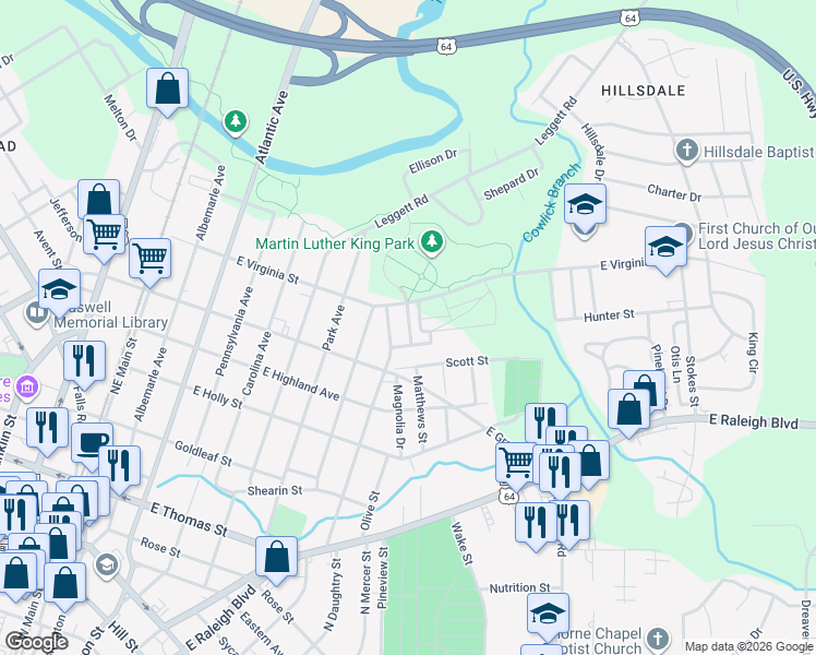 map of restaurants, bars, coffee shops, grocery stores, and more near Kalford Street in Rocky Mount