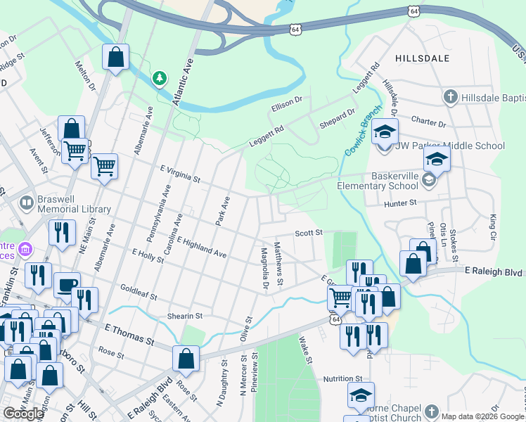 map of restaurants, bars, coffee shops, grocery stores, and more near 630 Coleman Avenue in Rocky Mount