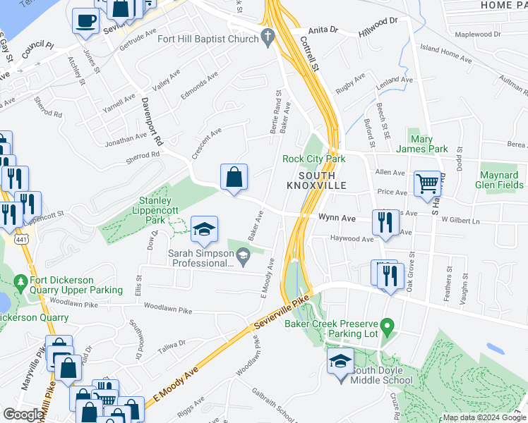 map of restaurants, bars, coffee shops, grocery stores, and more near 3207 Davenport Road in Knoxville