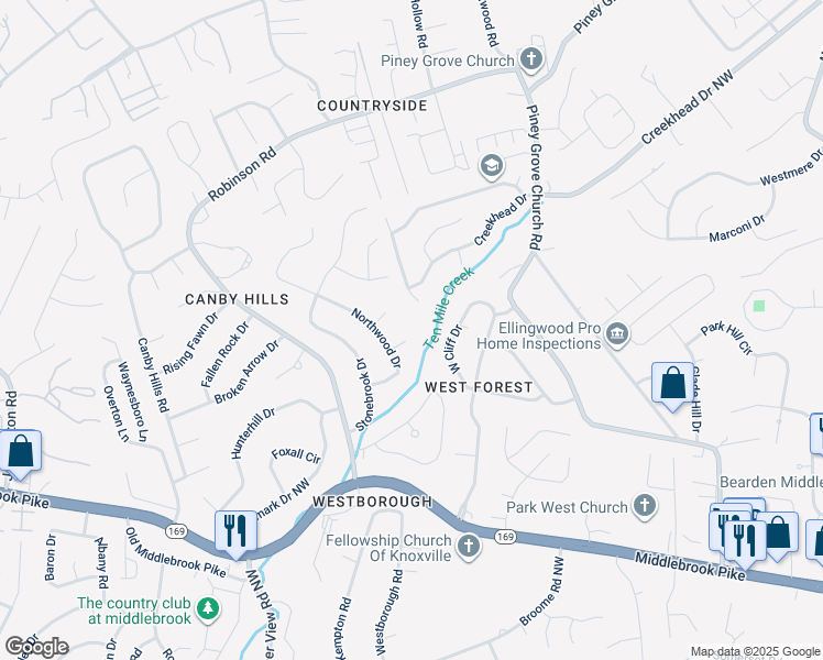 map of restaurants, bars, coffee shops, grocery stores, and more near 1805 Foxfire Court Northwest in Knoxville