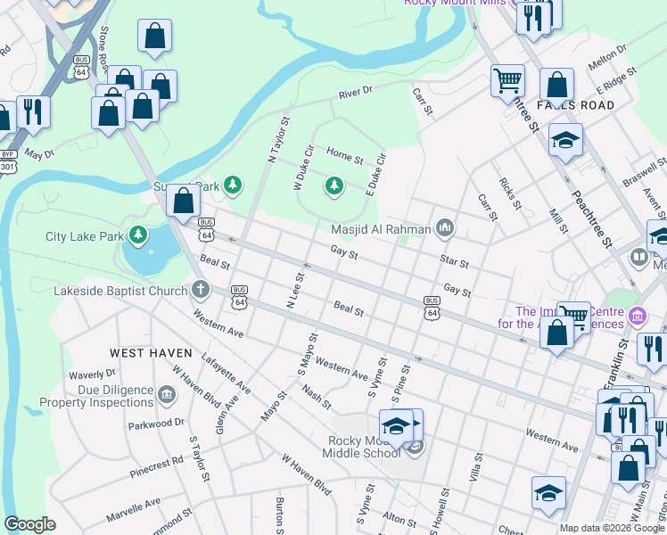map of restaurants, bars, coffee shops, grocery stores, and more near 1202 West Thomas Street in Rocky Mount