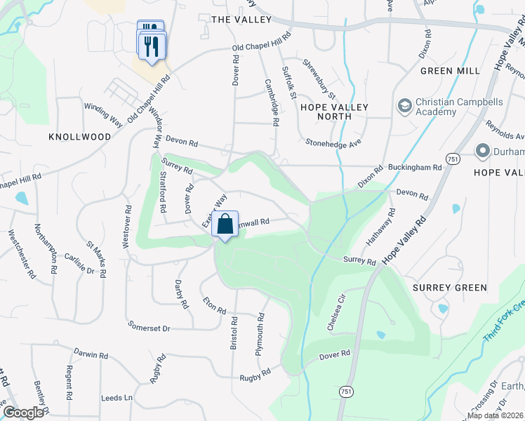 map of restaurants, bars, coffee shops, grocery stores, and more near 3116 Cornwall Road in Durham