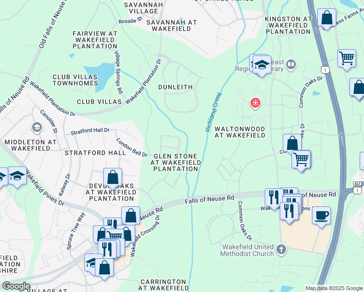 map of restaurants, bars, coffee shops, grocery stores, and more near 12516 Angel Falls Road in Raleigh