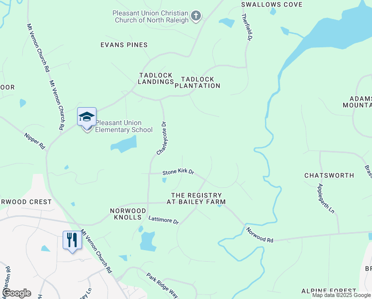 map of restaurants, bars, coffee shops, grocery stores, and more near 6100 Delshire Court in Raleigh