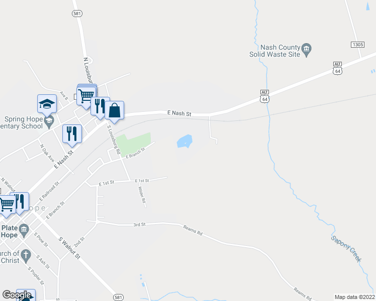map of restaurants, bars, coffee shops, grocery stores, and more near 820 East Nash Street in Spring Hope