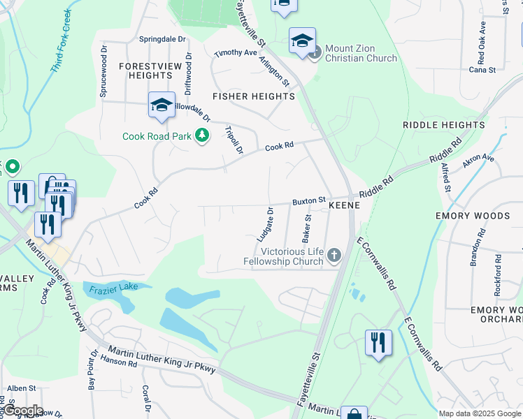 map of restaurants, bars, coffee shops, grocery stores, and more near 604 Buxton Street in Durham