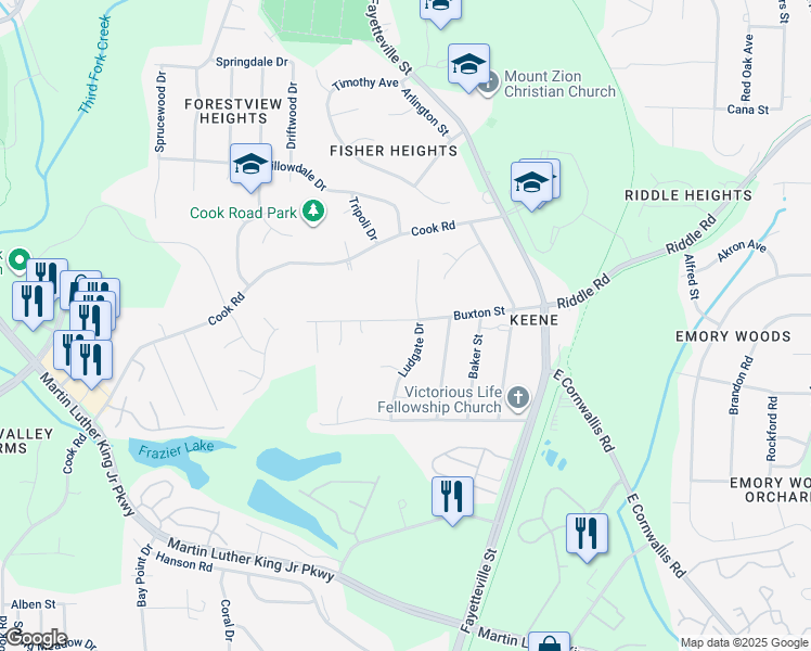 map of restaurants, bars, coffee shops, grocery stores, and more near 604 Buxton Street in Durham
