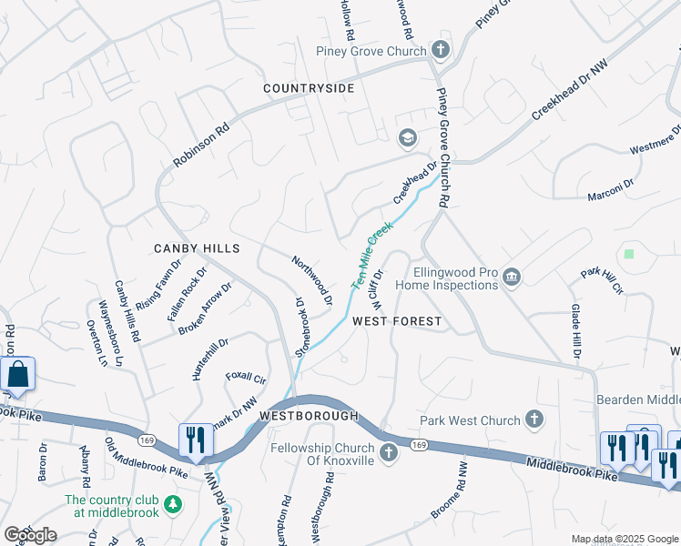 map of restaurants, bars, coffee shops, grocery stores, and more near 1805 Foxfire Court Northwest in Knoxville
