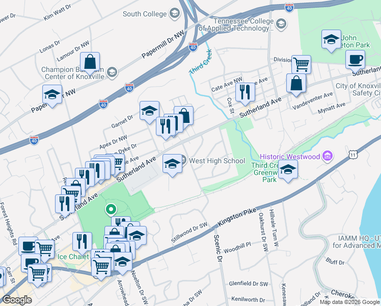 map of restaurants, bars, coffee shops, grocery stores, and more near 404 Tobler Lane Southwest in Knoxville