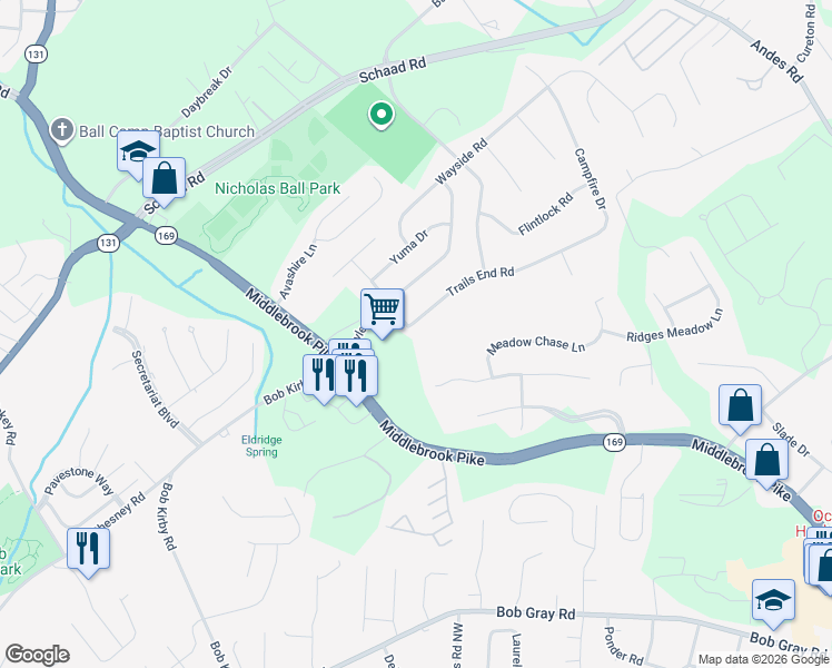 map of restaurants, bars, coffee shops, grocery stores, and more near 9546 Trails End Road in Knoxville