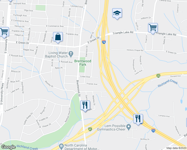 map of restaurants, bars, coffee shops, grocery stores, and more near 2501 Lowe Avenue in High Point
