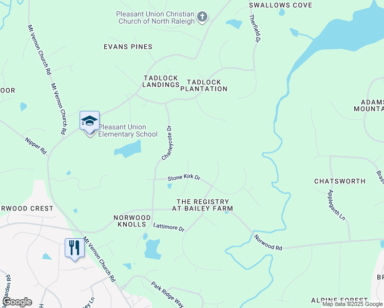map of restaurants, bars, coffee shops, grocery stores, and more near 6100 Delshire Court in Raleigh