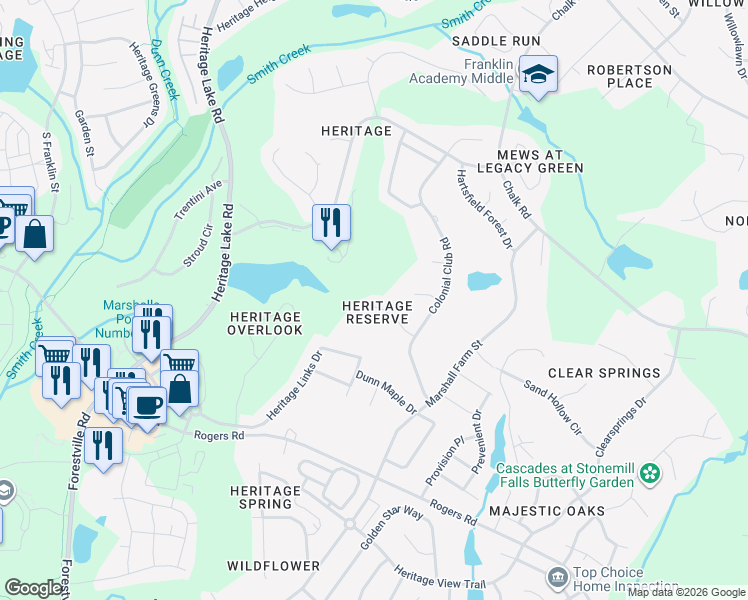 map of restaurants, bars, coffee shops, grocery stores, and more near 1501 Heritage Reserve Court in Wake Forest