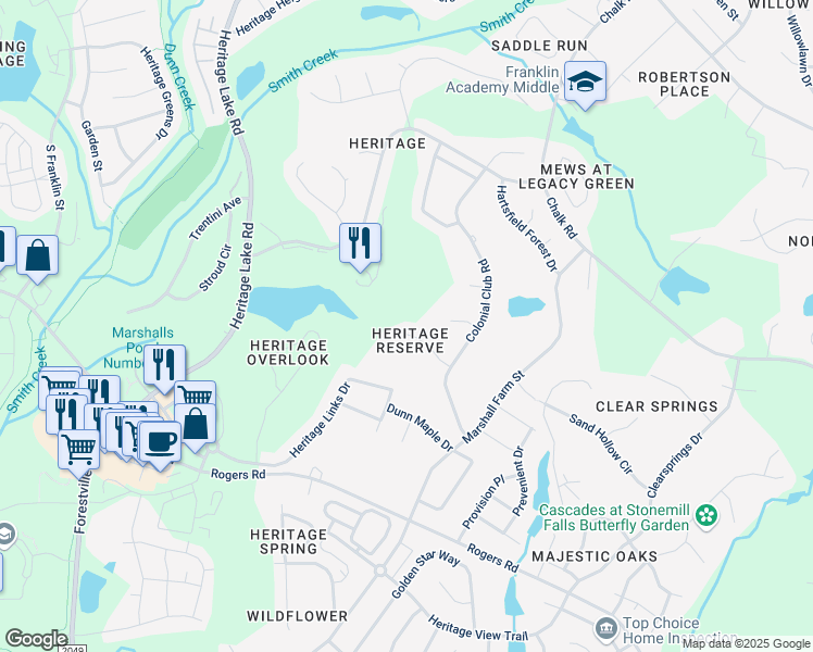 map of restaurants, bars, coffee shops, grocery stores, and more near 1501 Heritage Reserve Court in Wake Forest