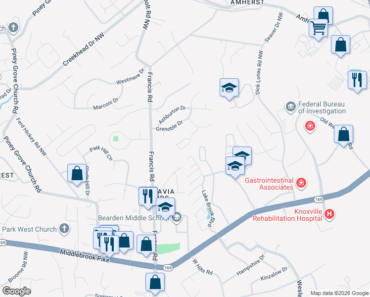 map of restaurants, bars, coffee shops, grocery stores, and more near 1212 Great Oaks Way in Knoxville