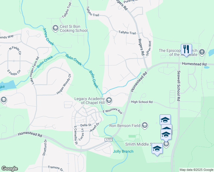 map of restaurants, bars, coffee shops, grocery stores, and more near 2004 Camden Lane in Chapel Hill