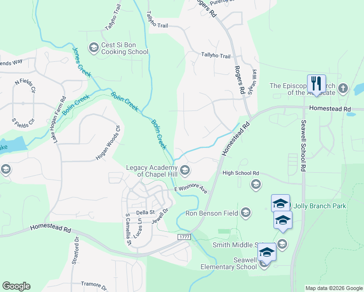 map of restaurants, bars, coffee shops, grocery stores, and more near 2004 Camden Lane in Chapel Hill