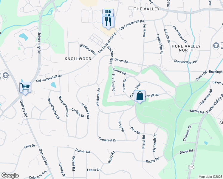 map of restaurants, bars, coffee shops, grocery stores, and more near 3618 Stratford Road in Durham