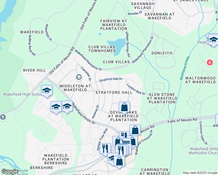 map of restaurants, bars, coffee shops, grocery stores, and more near 12416 Penrose Trail in Raleigh