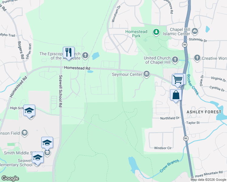 map of restaurants, bars, coffee shops, grocery stores, and more near 2217 State Road 1777 in Chapel Hill