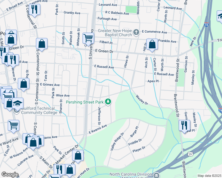 map of restaurants, bars, coffee shops, grocery stores, and more near 1607 Pershing Street in High Point