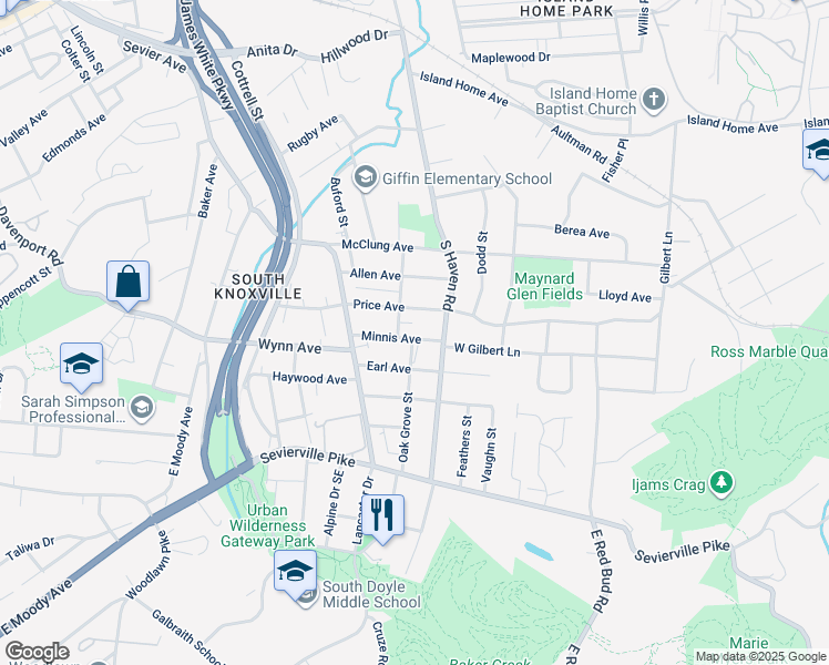 map of restaurants, bars, coffee shops, grocery stores, and more near 1813 Minnis Avenue in Knoxville