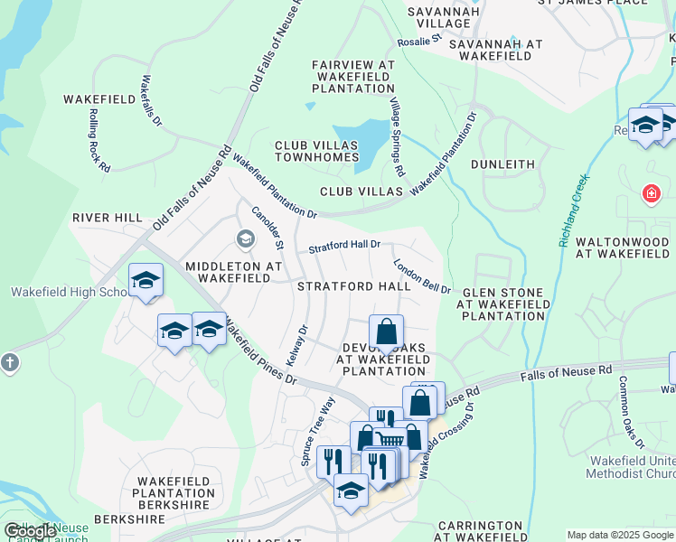 map of restaurants, bars, coffee shops, grocery stores, and more near 12416 Penrose Trail in Raleigh