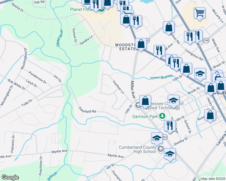 map of restaurants, bars, coffee shops, grocery stores, and more near 72 Guinevere Lane in Crossville