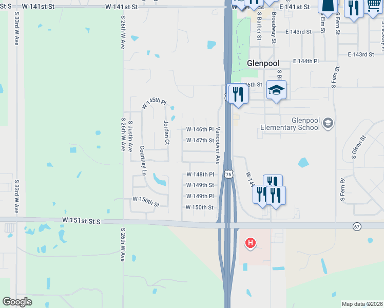 map of restaurants, bars, coffee shops, grocery stores, and more near 605 West 148th Street South in Glenpool