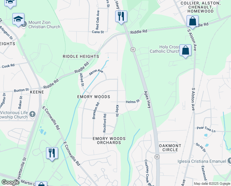 map of restaurants, bars, coffee shops, grocery stores, and more near 1022 Brandon Road in Durham