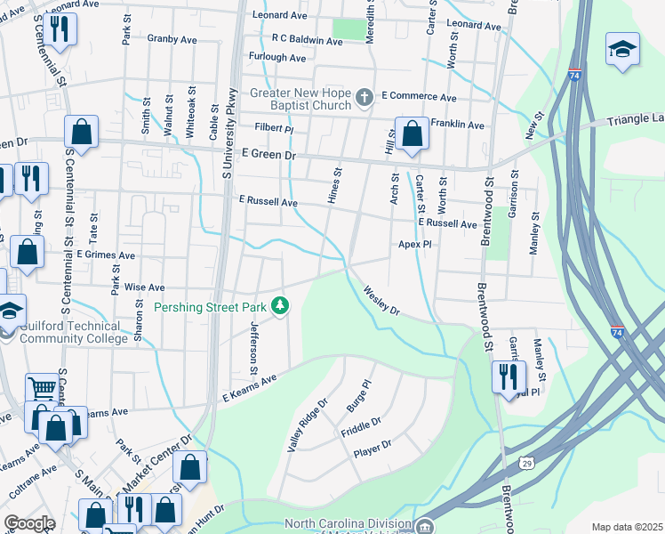 map of restaurants, bars, coffee shops, grocery stores, and more near 1305 Wise Avenue in High Point