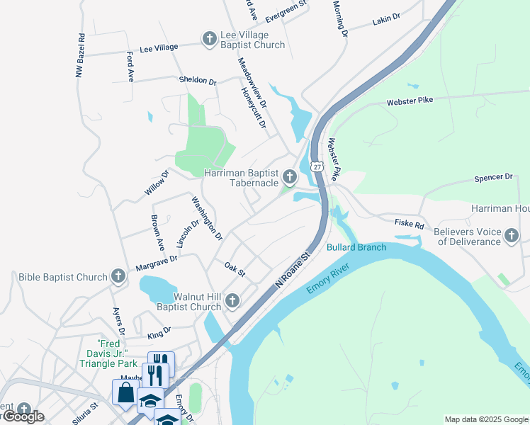 map of restaurants, bars, coffee shops, grocery stores, and more near 1310 Old Roane Street in Harriman