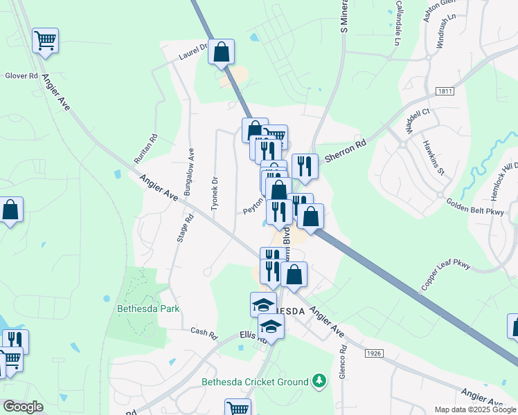 map of restaurants, bars, coffee shops, grocery stores, and more near 727B Peyton Avenue in Durham