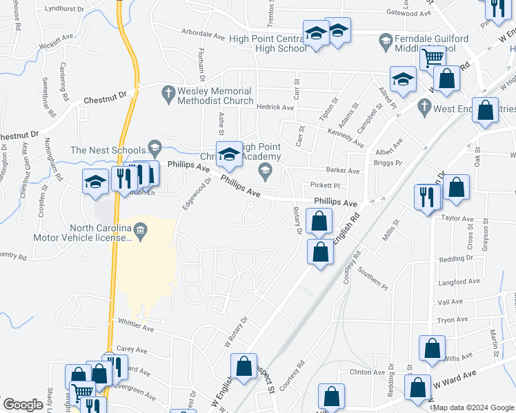 map of restaurants, bars, coffee shops, grocery stores, and more near 1112 Raleigh Court in High Point