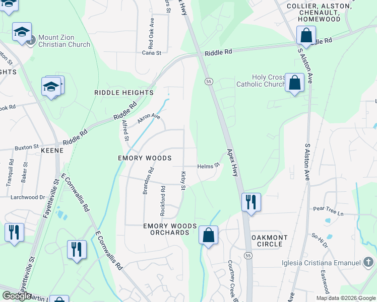 map of restaurants, bars, coffee shops, grocery stores, and more near 1022 Brandon Road in Durham