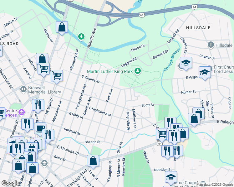 map of restaurants, bars, coffee shops, grocery stores, and more near 621 Park Avenue in Rocky Mount