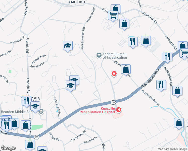 map of restaurants, bars, coffee shops, grocery stores, and more near 6836 Pemmbrooke Shire Lane in Knoxville