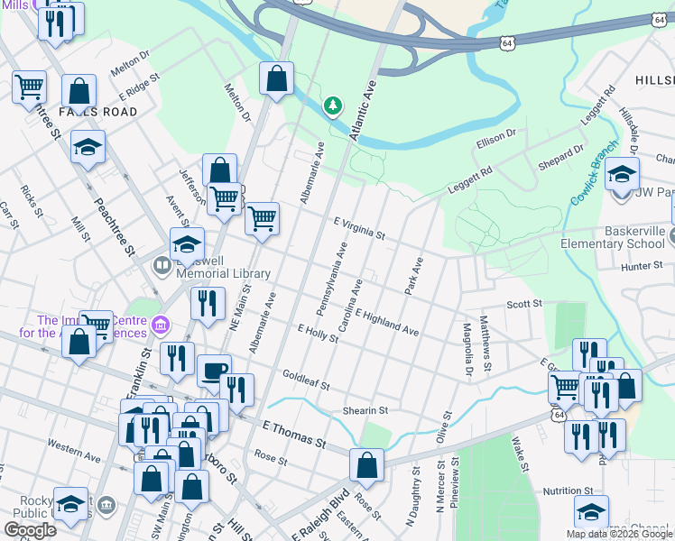 map of restaurants, bars, coffee shops, grocery stores, and more near 522 Pennsylvania Avenue in Rocky Mount