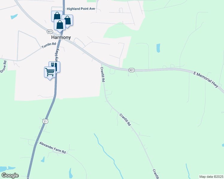 map of restaurants, bars, coffee shops, grocery stores, and more near 554 Cranfill Road in Harmony
