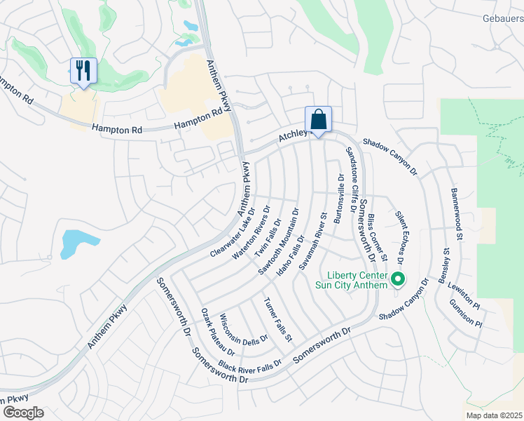 map of restaurants, bars, coffee shops, grocery stores, and more near 2131 Waterton Rivers Drive in Henderson