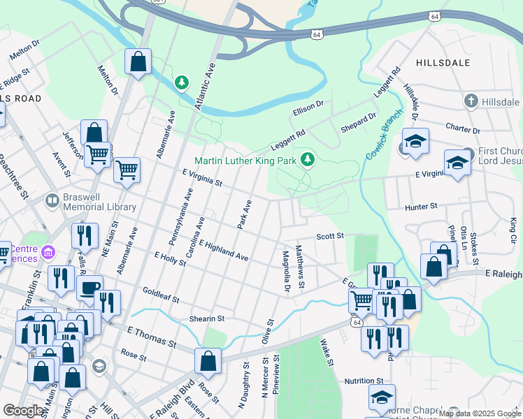 map of restaurants, bars, coffee shops, grocery stores, and more near 621 Park Avenue in Rocky Mount