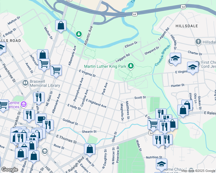 map of restaurants, bars, coffee shops, grocery stores, and more near 631 Park Avenue in Rocky Mount
